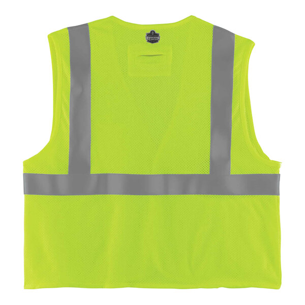 A yellow Ergodyne reflective vest with grey stripes.