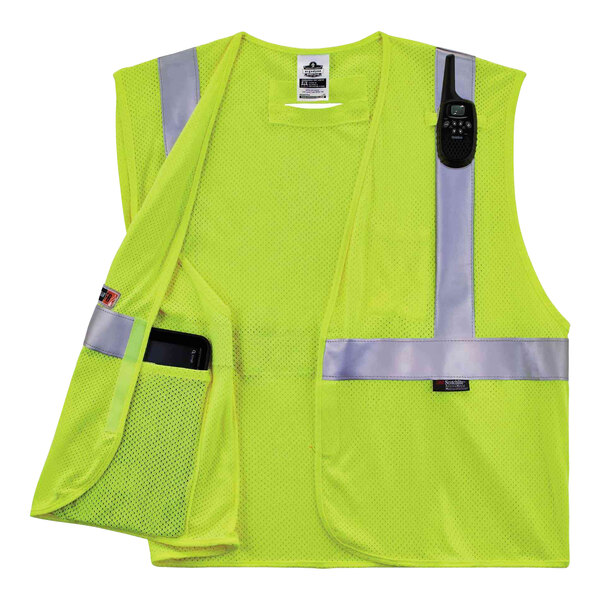 An Ergodyne lime green mesh safety vest with reflective stripes.