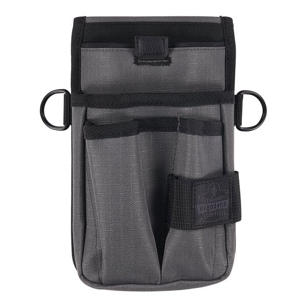 A grey pouch with black straps and two compartments.