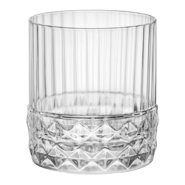 A Bormioli Rocco America double old fashioned glass with a diamond pattern.