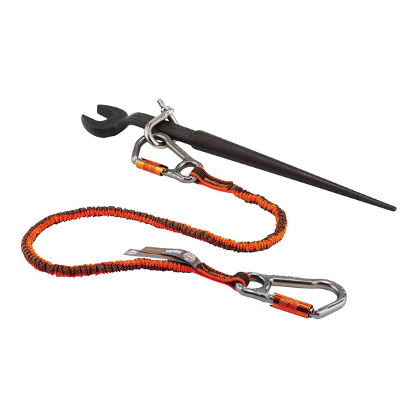An Ergodyne Squids tool tethering kit with a wrench and carabiner on a leash.
