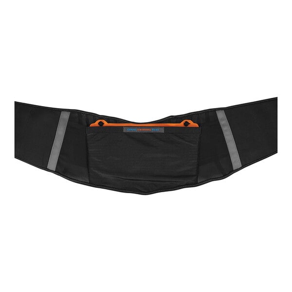 A black waist belt with an orange pouch.