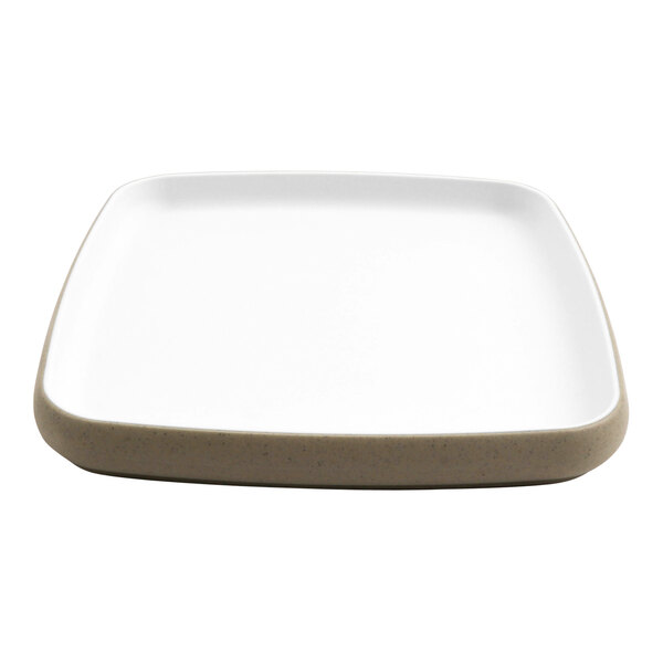 A white square Cheforward by GET melamine plate with a tan rim.