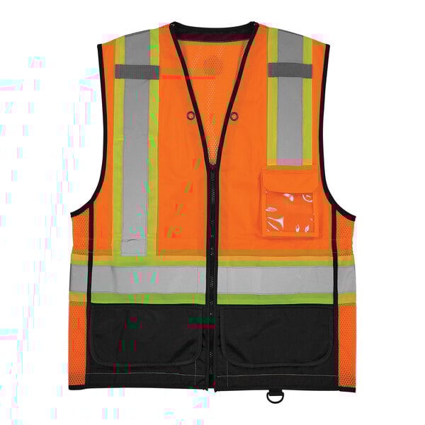 An Ergodyne high visibility orange mesh vest with black front panel and reflective stripes.