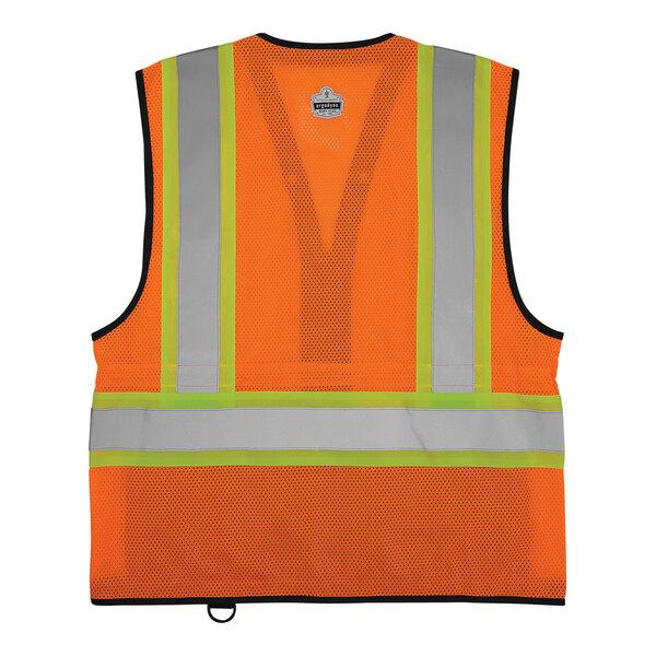 An Ergodyne hi-vis orange mesh safety vest with black front panel and reflective stripes.