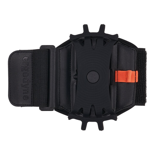 A black wrist strap with orange accents and a buckle.