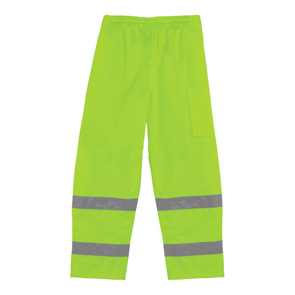 Hi-Vis lime green thermal pants with grey reflective stripes.