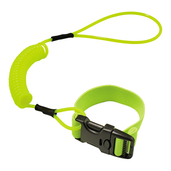 An Ergodyne lime green hard hat lanyard with a black buckle.