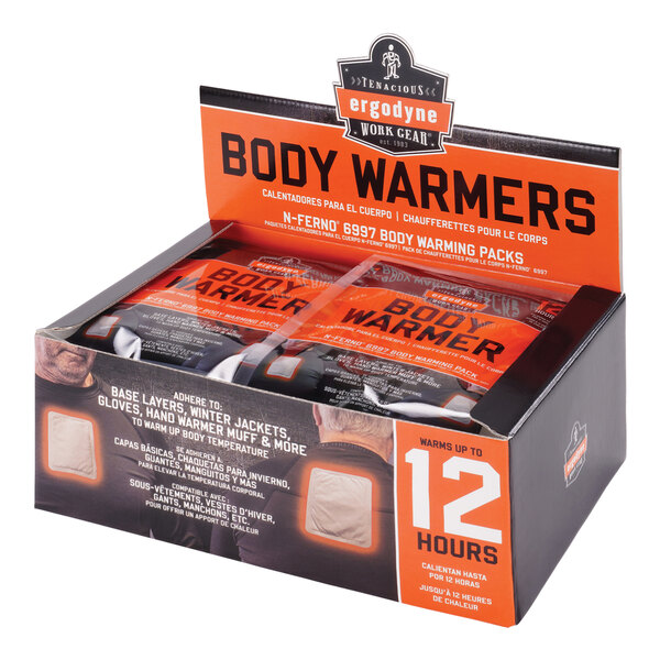 A box of 12 Ergodyne N-Ferno air-activated body warmers with adhesive back.