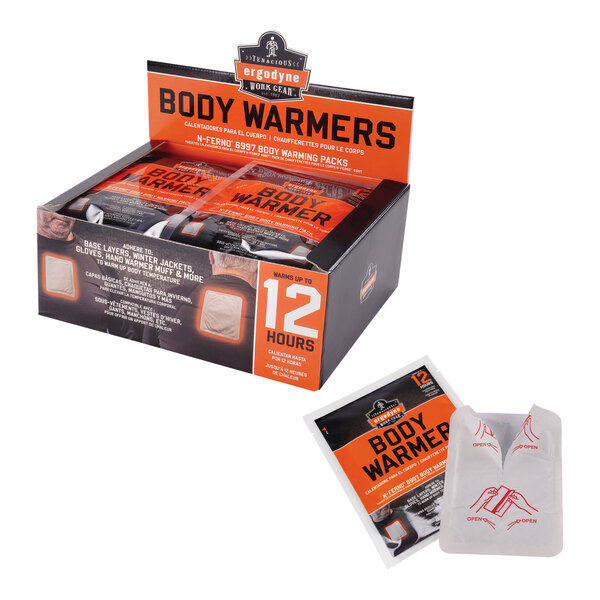 A package of 12 Ergodyne air-activated body warmers with adhesive backs.