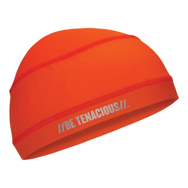 An orange Ergodyne skull cap with white text reading "Chill-Its" and a white stripe.