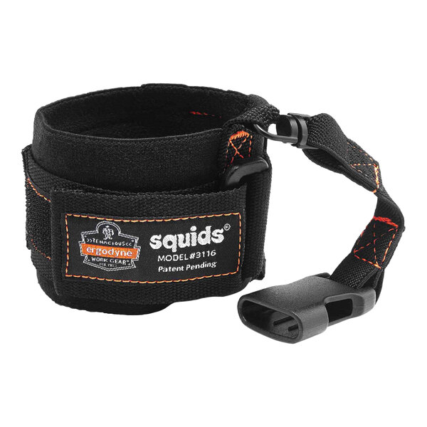 A black Ergodyne Squids wrist tool lanyard with orange stitching.