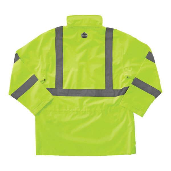 An Ergodyne hi-vis lime yellow rain jacket with grey reflective stripes.