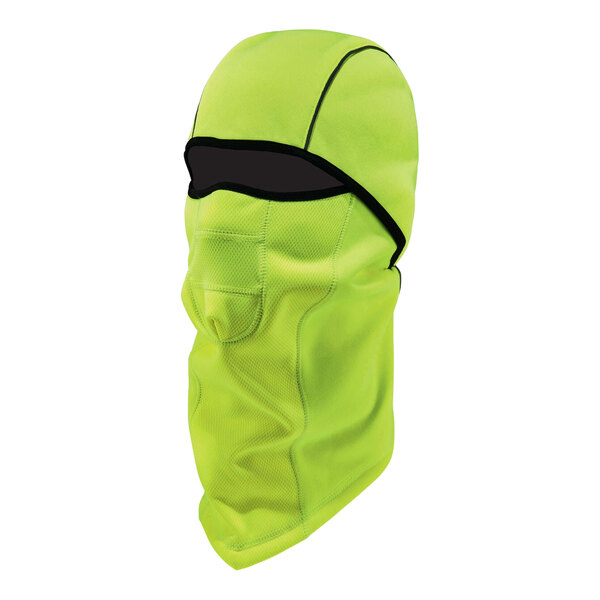 An Ergodyne lime green fleece face mask with black trim.