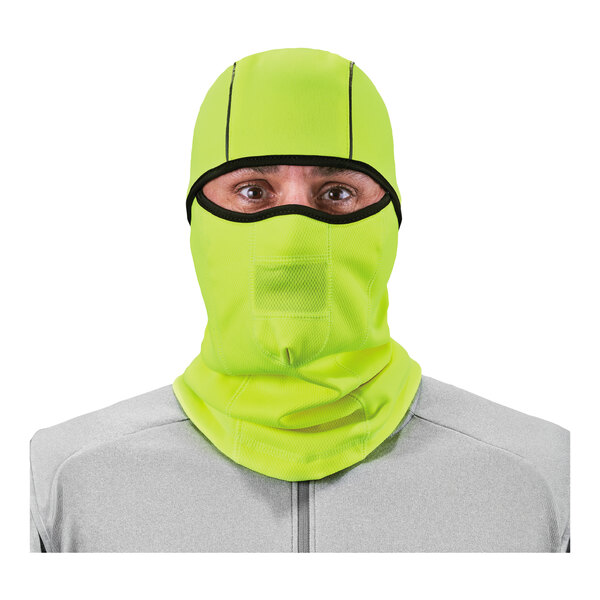 An Ergodyne lime green hinged fleece balaclava face mask.