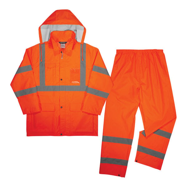 An orange rain jacket and pants with grey reflective stripes.