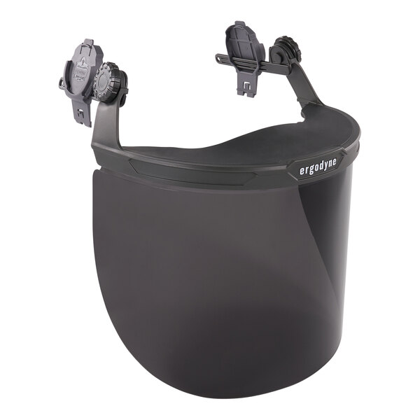 An Ergodyne Skullerz smoke face shield with two black attachments.