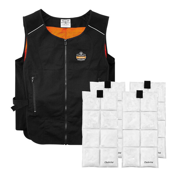 An Ergodyne Chill-Its light weight cooling vest with white and orange phase change packs.