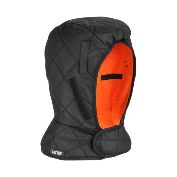 A black Ergodyne hard hat liner with an orange hood.