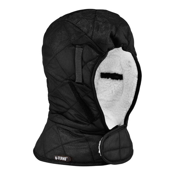 A black Ergodyne hard hat liner with a white Sherpa lining.