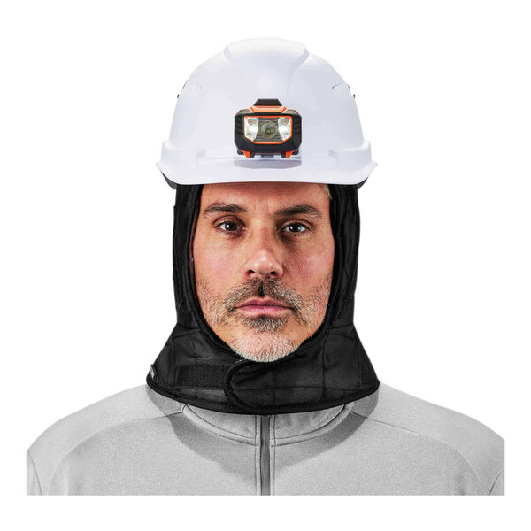 A man wearing an Ergodyne shoulder-length hard hat liner under a white hard hat.