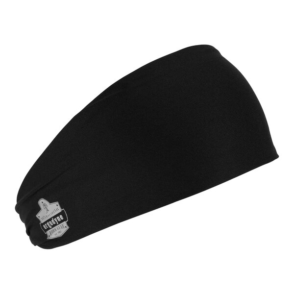 A black Ergodyne Chill-Its evaporative cooling headband with a silver logo.