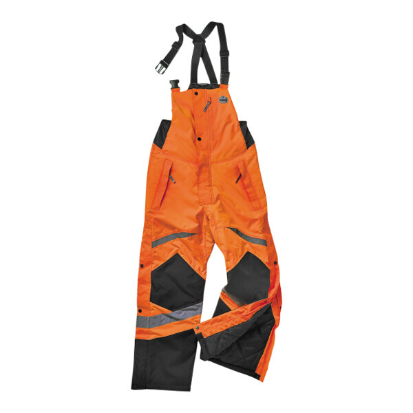 Ergodyne hi-vis orange and black insulated overalls with black straps.