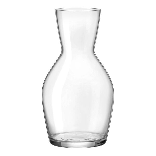 A clear glass Bormioli Rocco Ypsilon wine carafe with a neck.