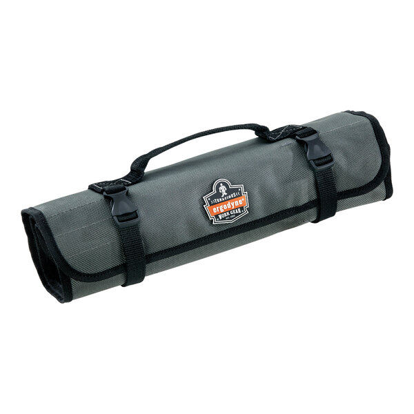 An Ergodyne Arsenal grey tool organizer roll with black straps and a black and orange logo.