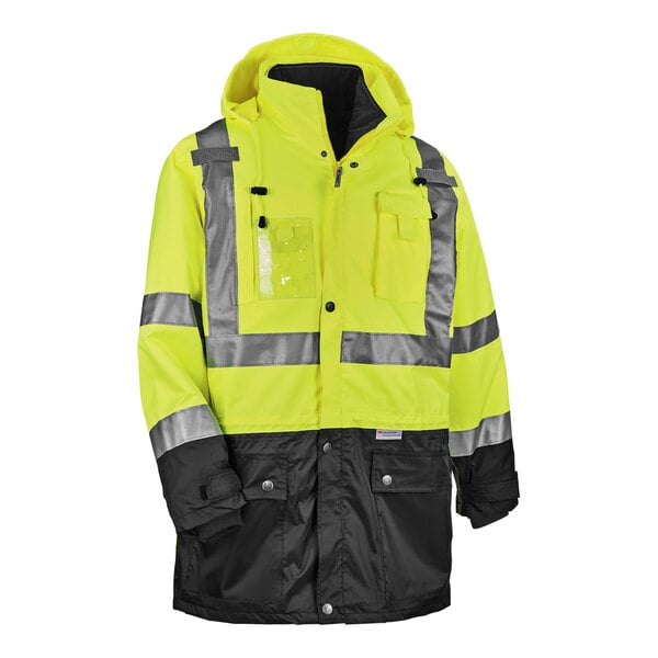 A yellow and black Ergodyne 4-in-1 winter jacket with reflective stripes.