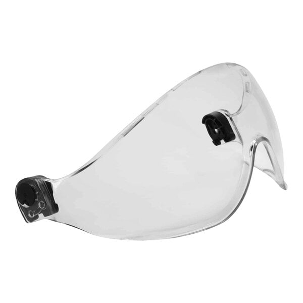 A clear plastic visor for Ergodyne Skullerz hard hats with black plastic attachments.