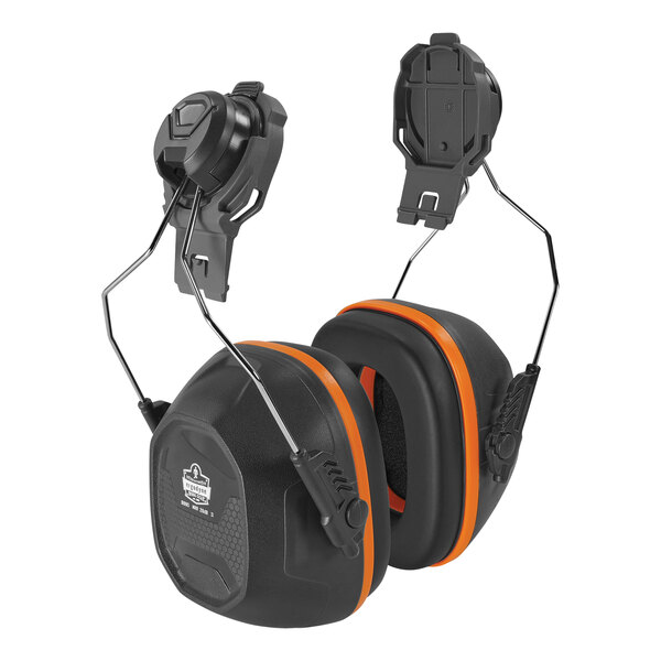 A pair of black and orange Ergodyne Skullerz earmuffs.