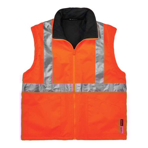 An Ergodyne hi-vis orange winter jacket with reflective stripes.