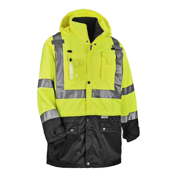 A yellow and black Ergodyne hi-vis jacket with reflective stripes.