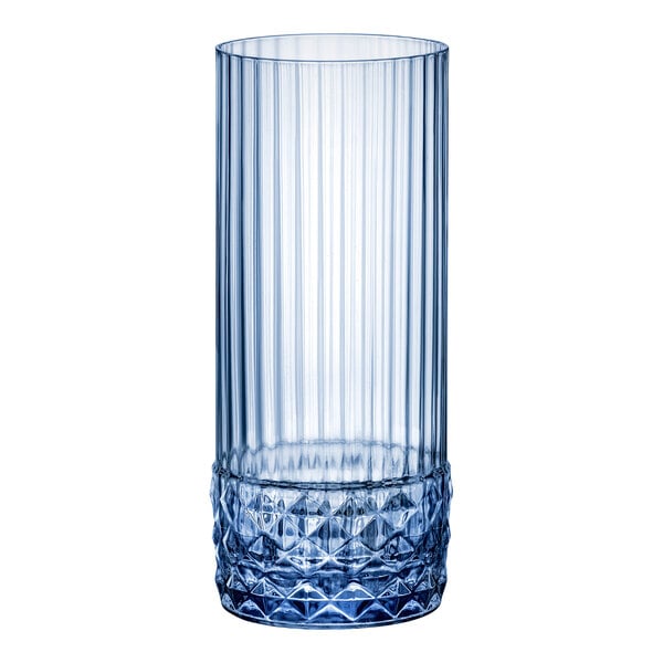 A Bormioli Rocco blue long drink glass with a diamond cut rim.