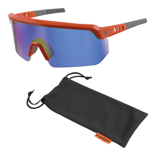 A pair of Ergodyne AEGIR safety glasses with an orange frame and blue mirrored lenses in a black pouch.