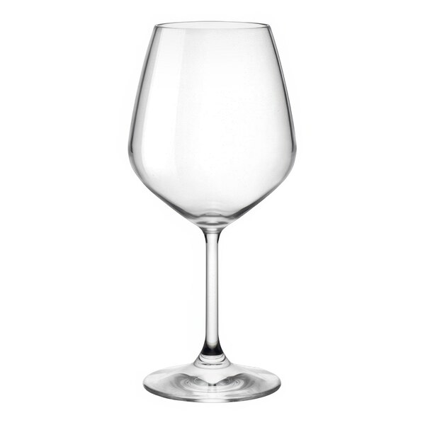 A clear Bormioli Rocco red wine glass on a white background.