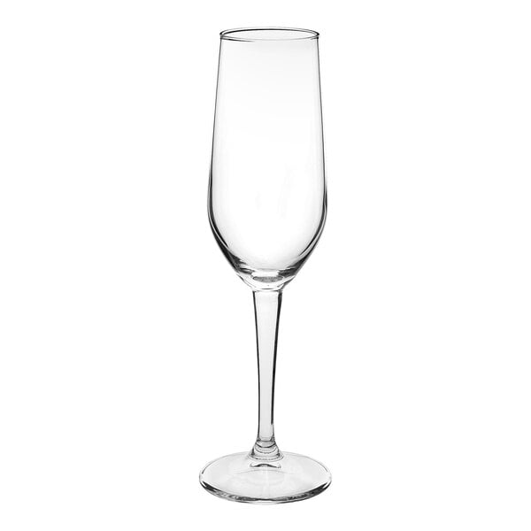 A clear Bormioli Rocco wine flute with a stem.