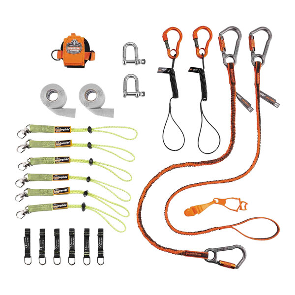 An Ergodyne Squids tool tethering kit with green and black lanyards and orange and black tethers.