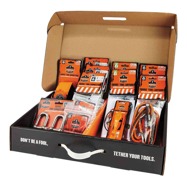 A package of Ergodyne Squids tool tethering kit components including an orange and black tool connector.