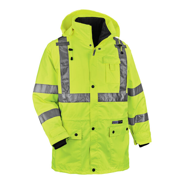 A yellow Ergodyne high visibility jacket with reflective stripes.