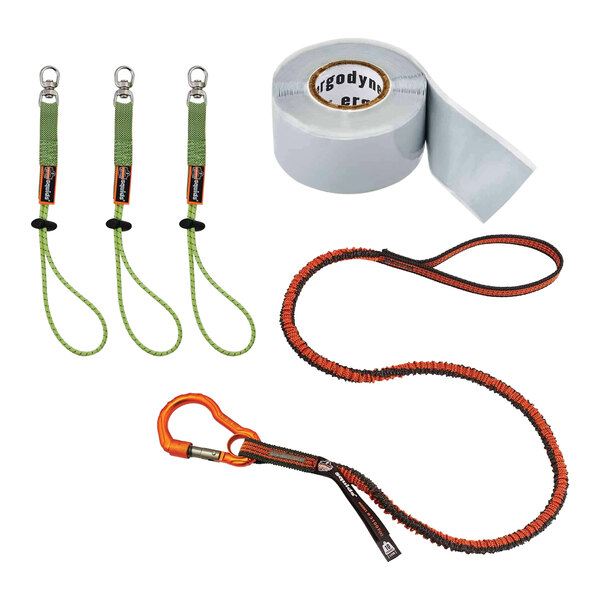 An Ergodyne Squids tool tethering kit with lanyards and a leash with a hook.