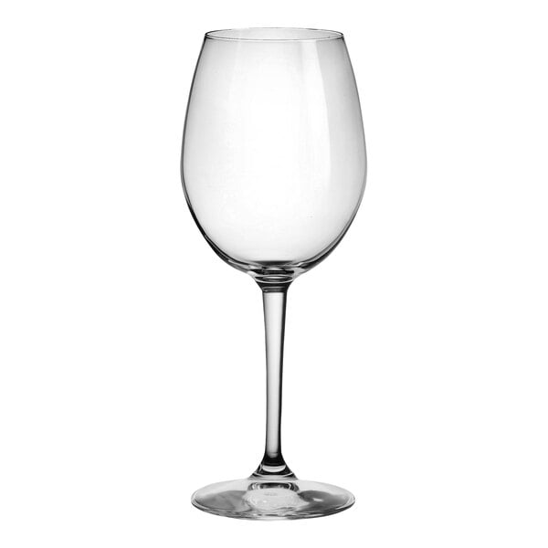 A Bormioli Rocco clear wine glass with a stem.