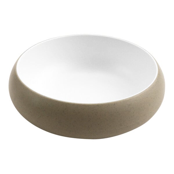 A white melamine bowl with a brown rim.