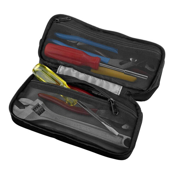 A black zippered bag with tools inside: Ergodyne Arsenal Buddy Organizer with tools inside.