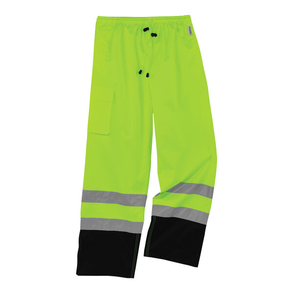 Ergodyne hi-vis lime green rain pants with black bottom and reflective stripes.