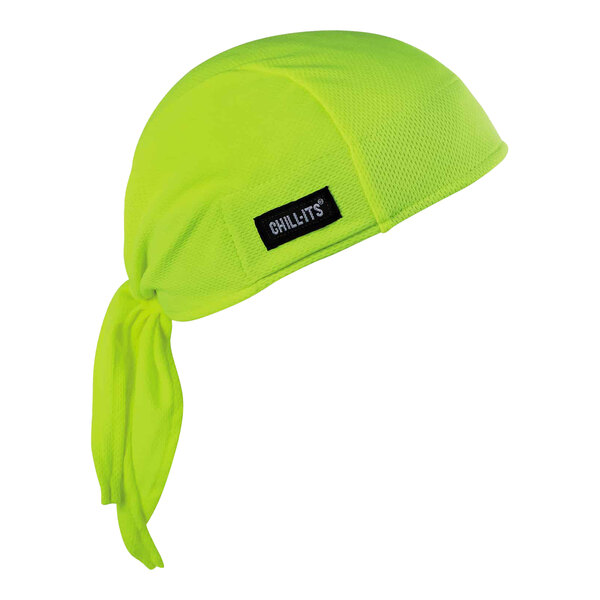 A lime green bandana with a black label.