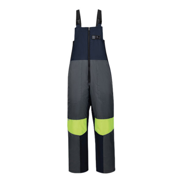 Navy and hi-vis yellow Ergodyne insulated bib overalls with reflective accents.