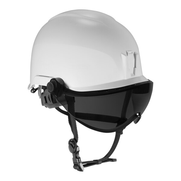 An Ergodyne white hard hat with a black visor.