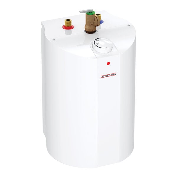 A compact white electric mini tank water heater with top-mounted inlet and outlet connections.